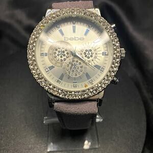 Women’s bebe Quartz Dress Watch Silver Dial Crystal Bezel Gray Leather 45mm